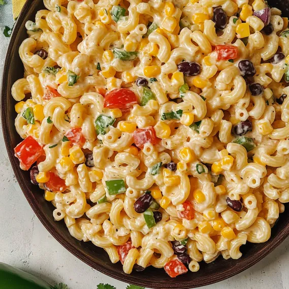 A bowl of cheesy macaroni with fresh veggies.