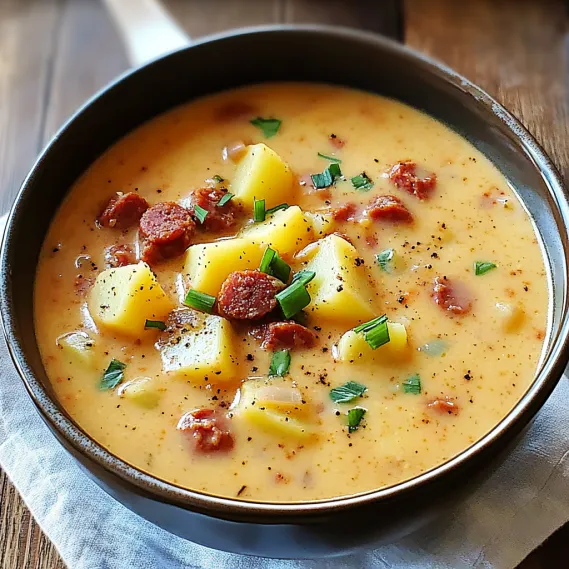 A steaming bowl of potato and sausage soup.