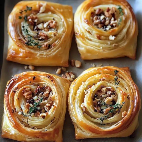 Four pastries with nuts on a tray.