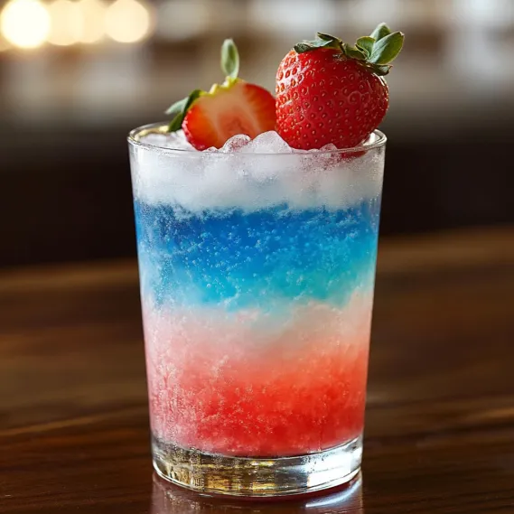 A colorful drink with blue, red, and white layers in a clear glass.