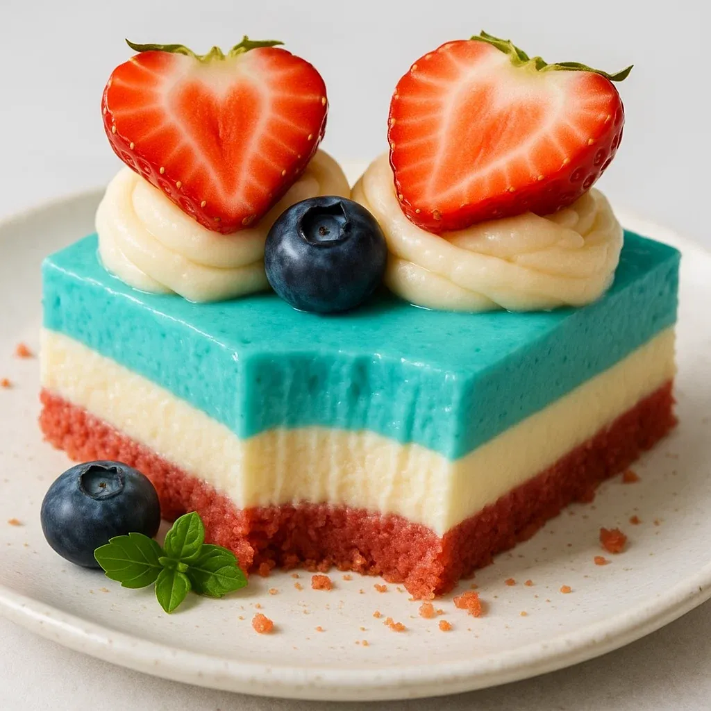 A colorful no-bake dessert with strawberries and blueberries on top.