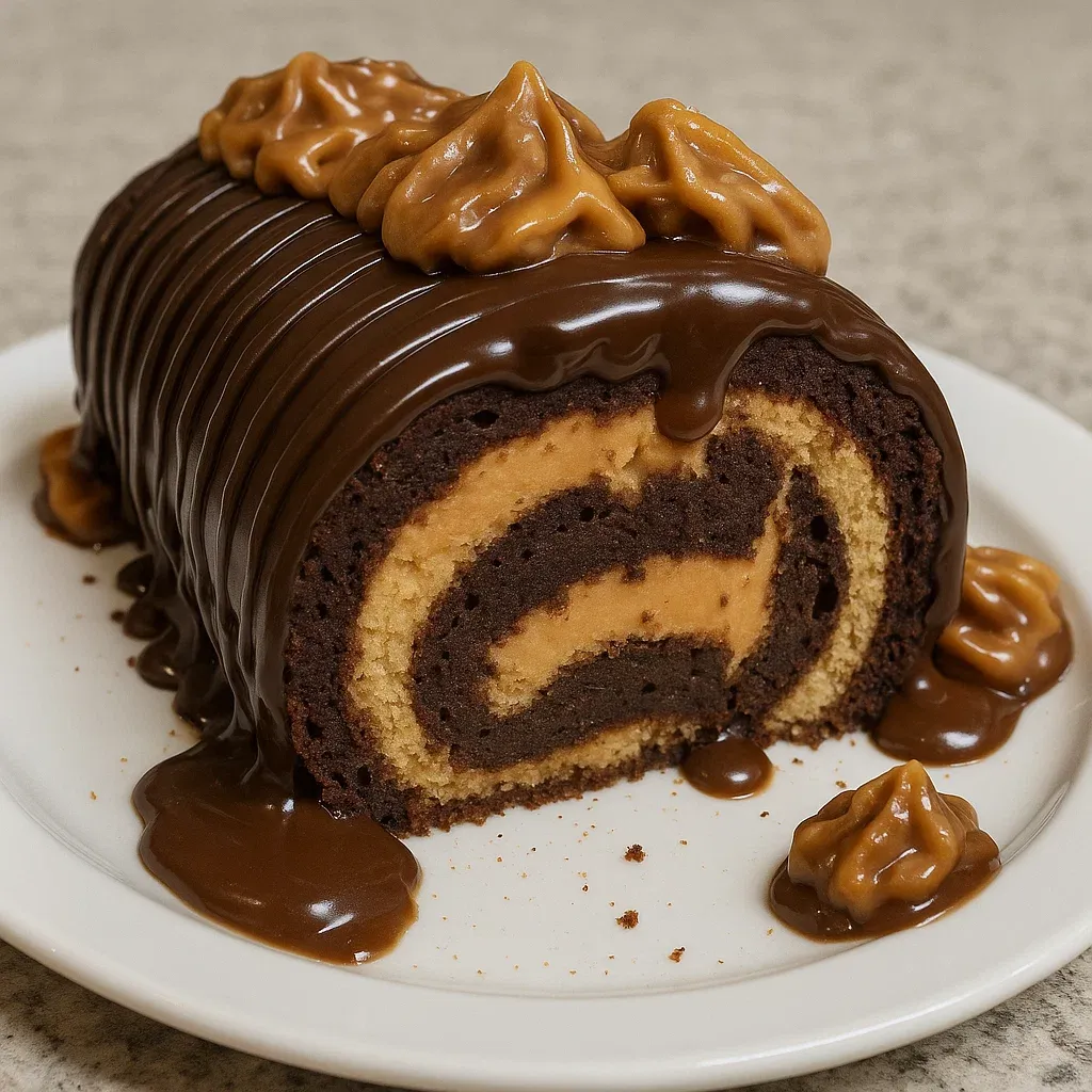 Chocolate roll cake drizzled with caramel.