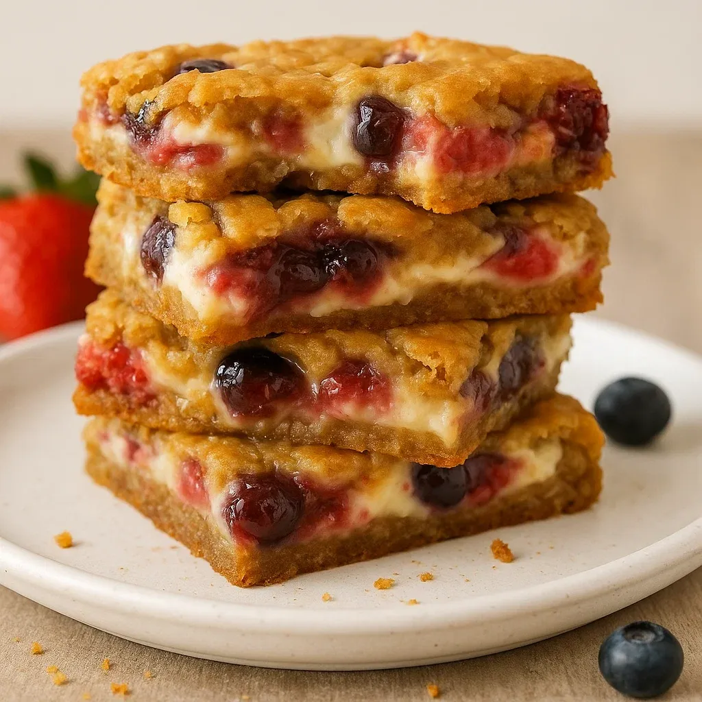Three stacked bars with berries and cream.