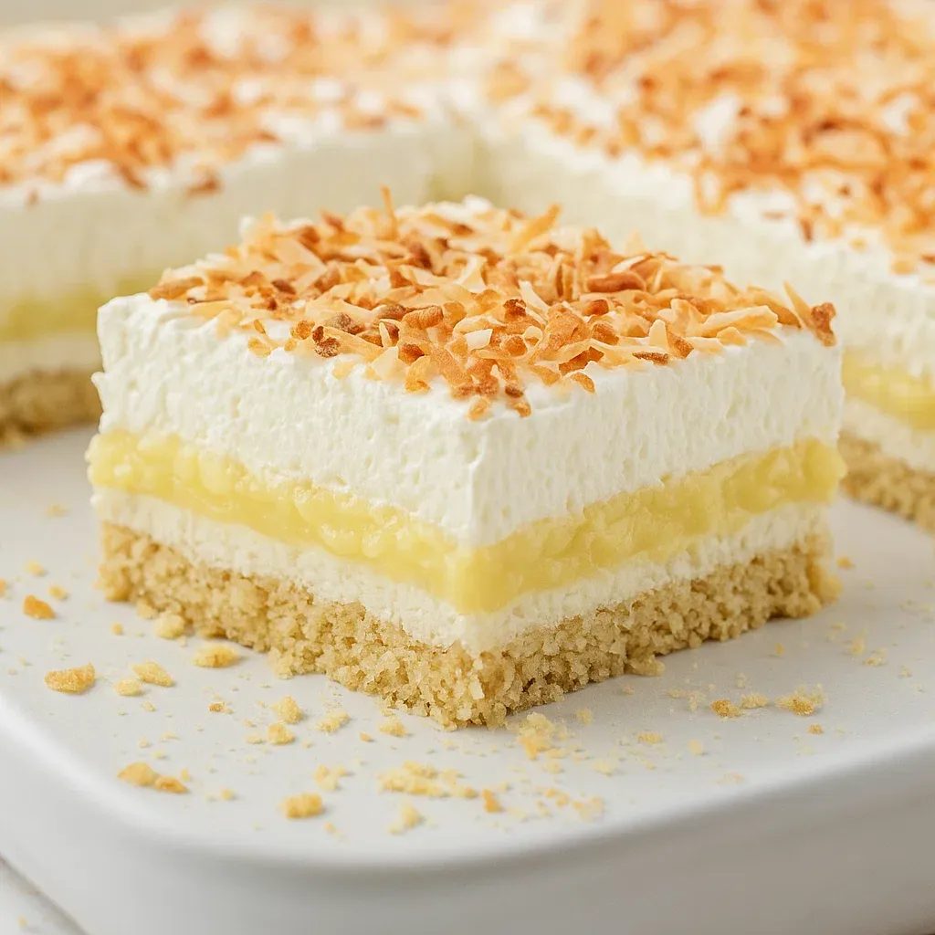 A slice of creamy coconut dessert with toasted coconut shavings.