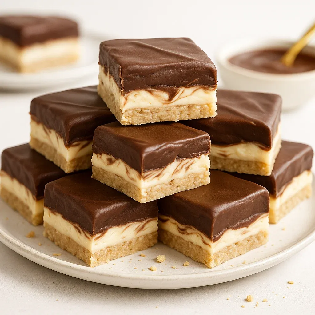 Chocolate and white layered fudge bars stacked high.