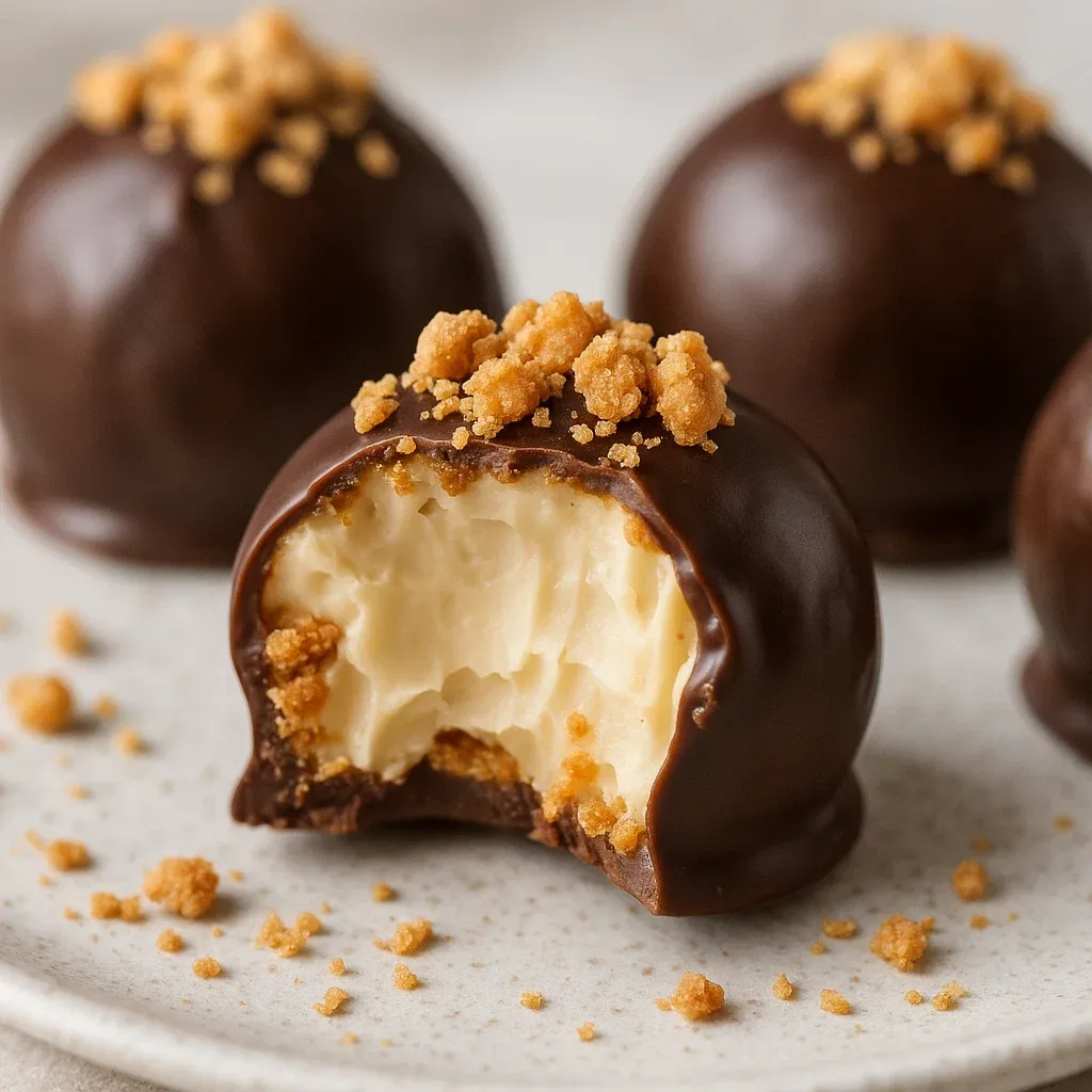 A plate of chocolate covered balls with nuts on top.