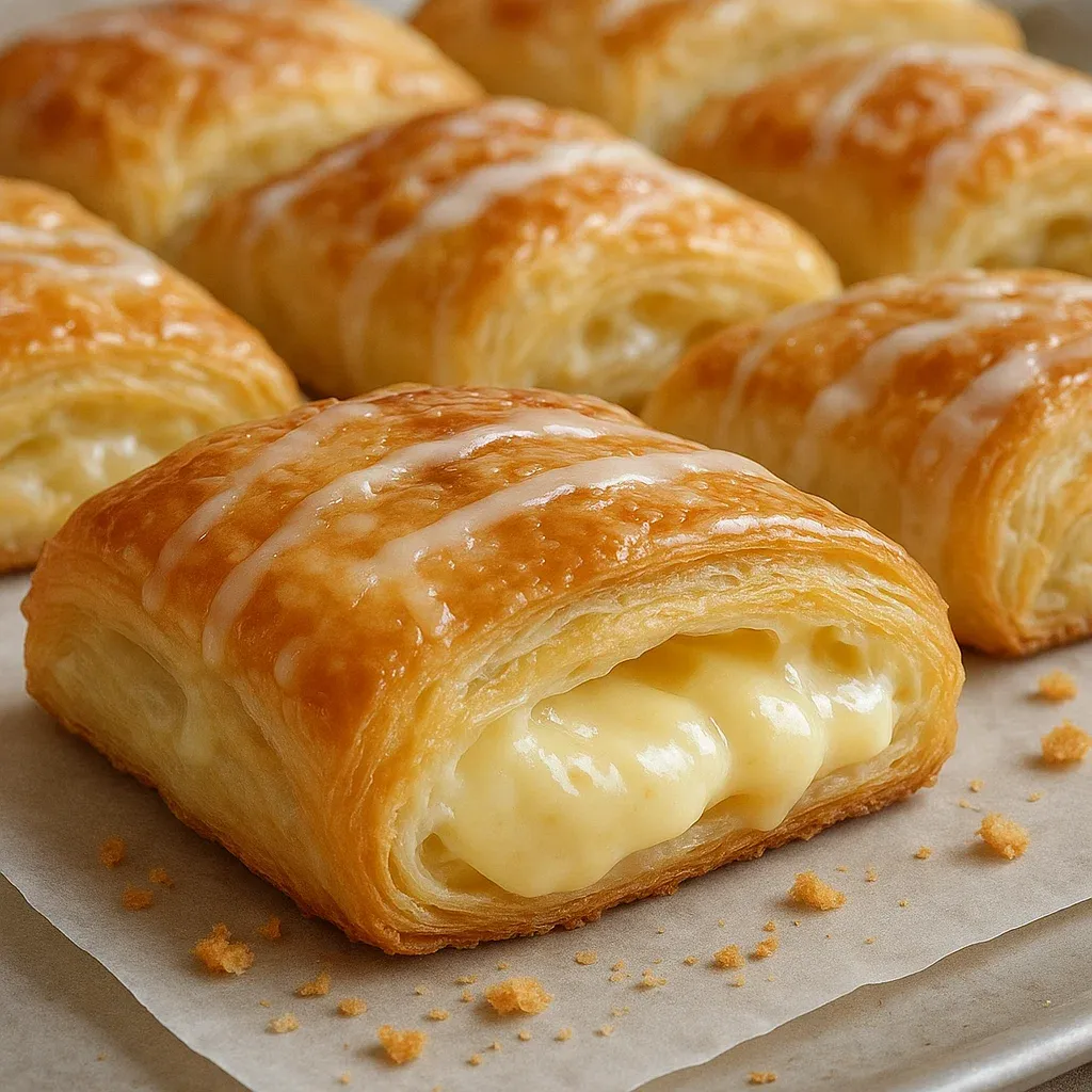 A tray of flaky pastries topped with white glaze.