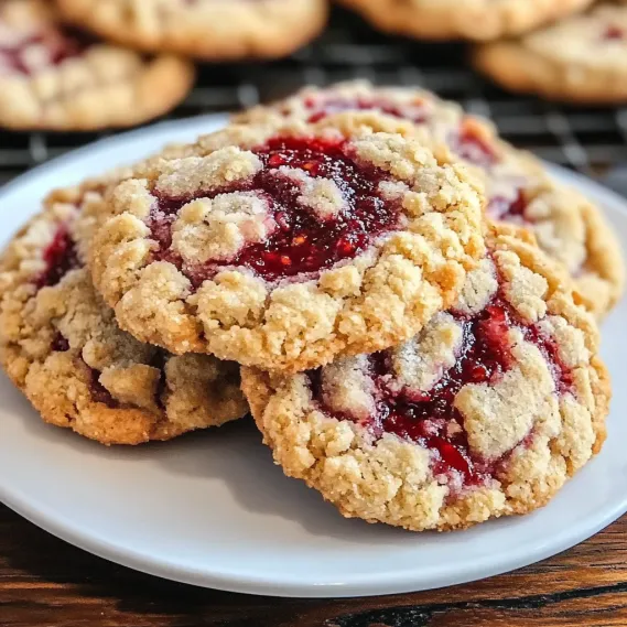 Cookies topped with red jam on a plate.