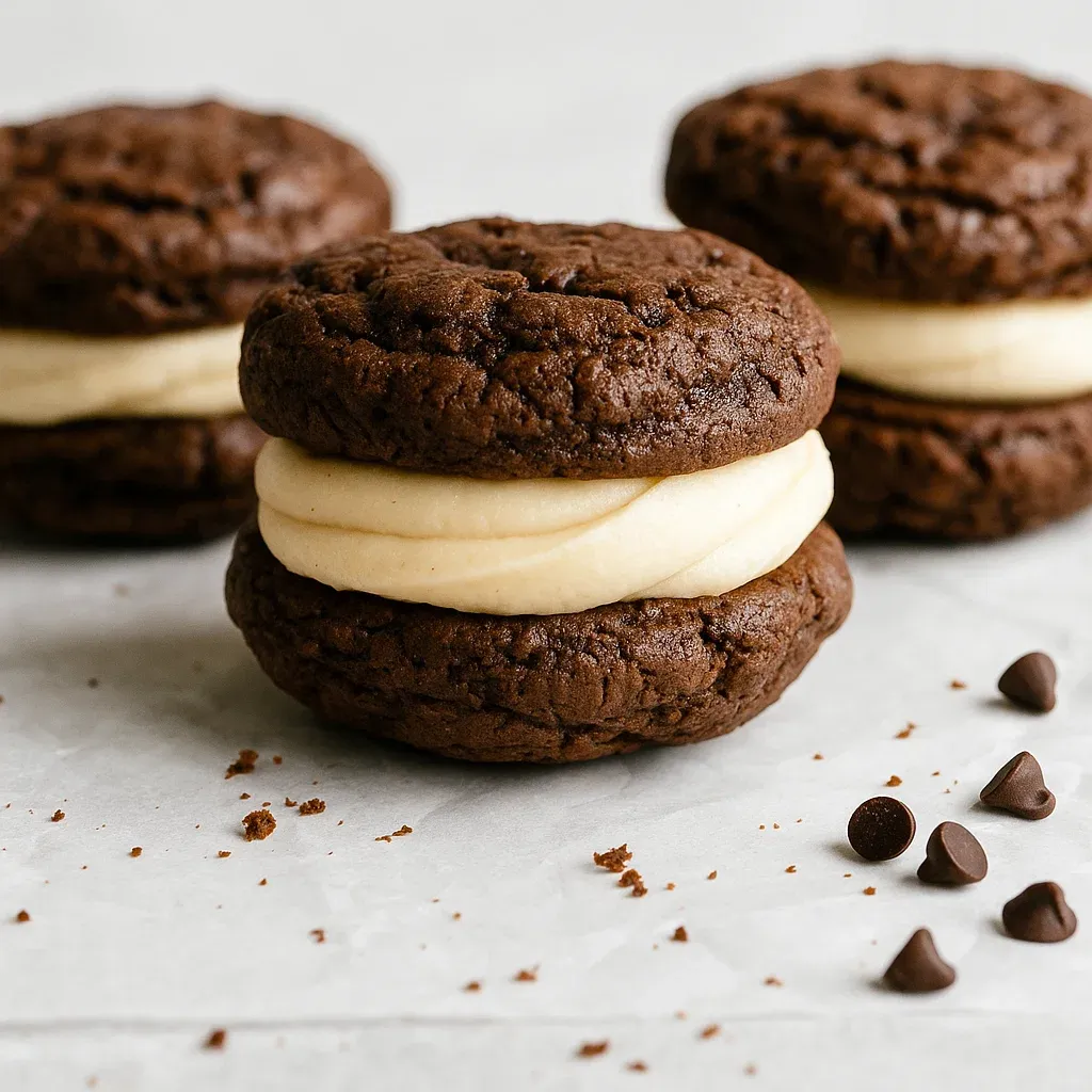 Three delicious chocolate chip cookies on a table.