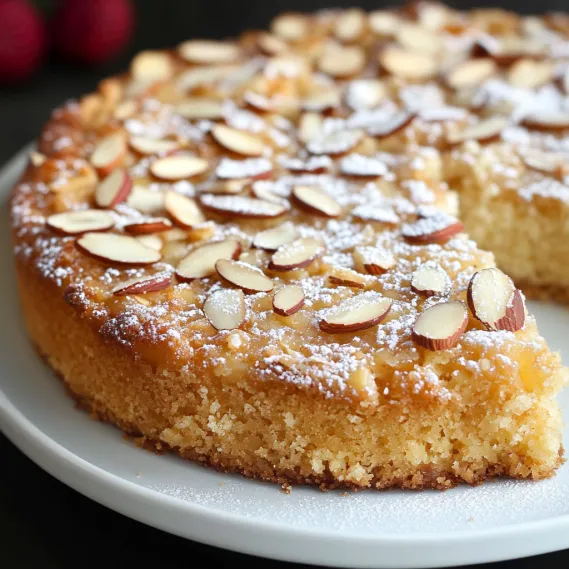 A slice of cake with crunchy almonds on top.