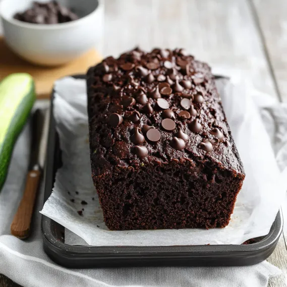 A moist chocolate loaf topped with chocolate chips.