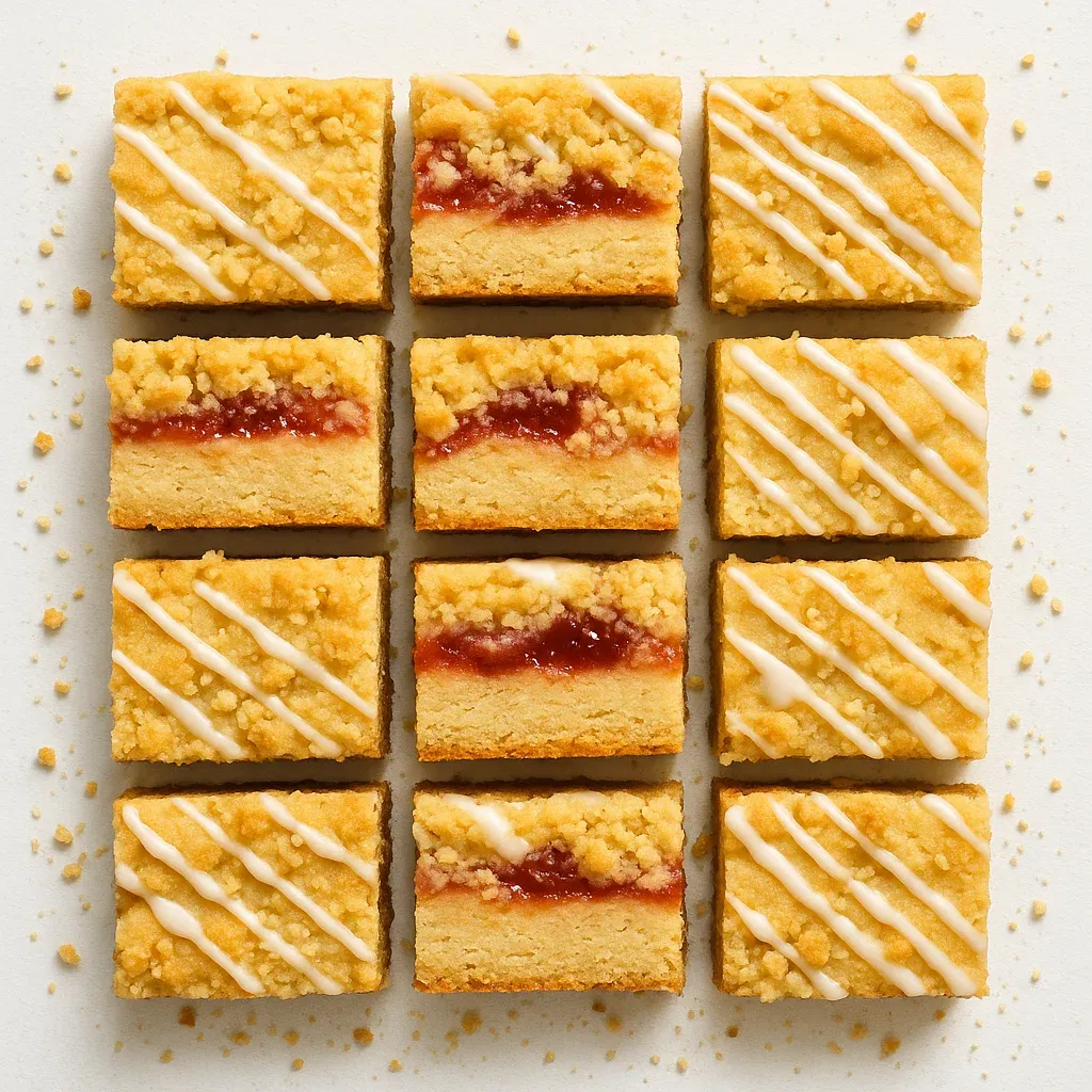 A square of cake with white icing and red jam.