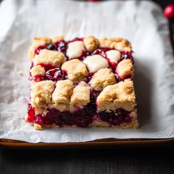 A slice of dessert with creamy frosting and fruit.