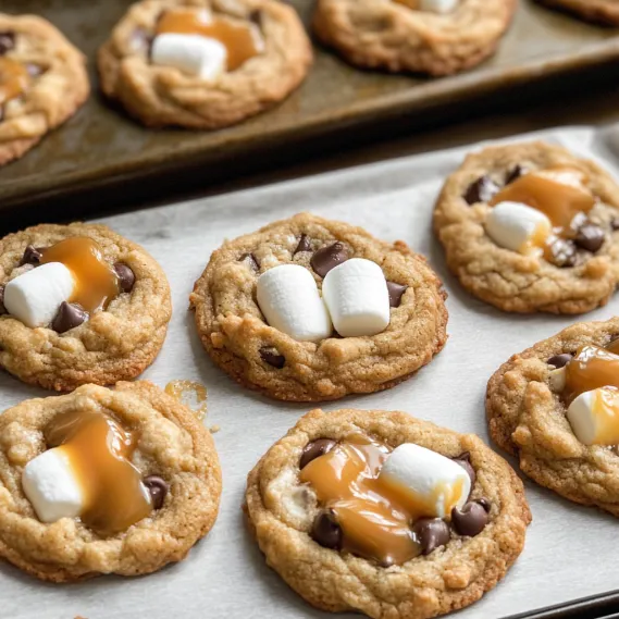 Cookies with melted marshmallows and chocolate chunks.