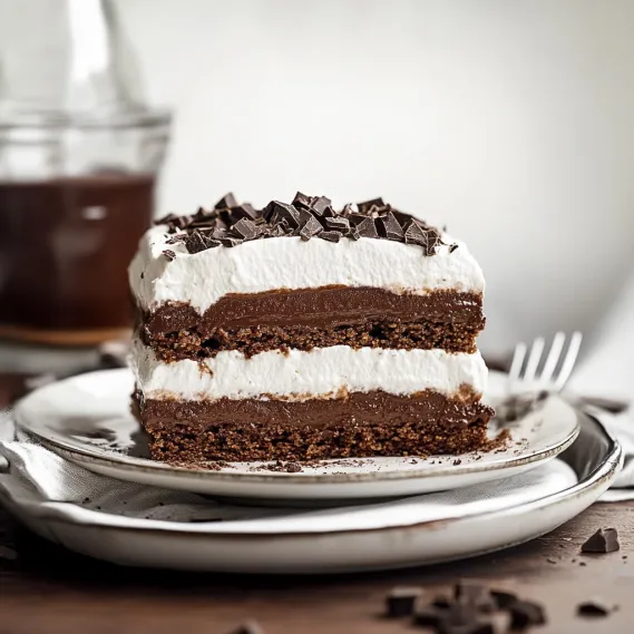 A slice of rich chocolate dessert with whipped layers.
