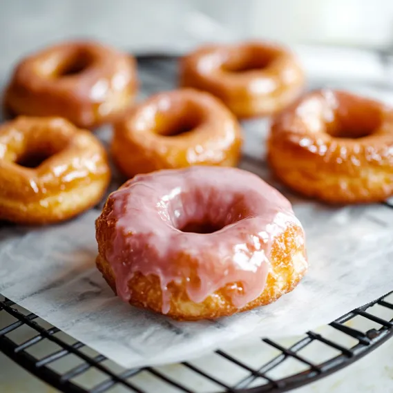 A pink-glazed donut sitting among plain doughnuts on a plate.