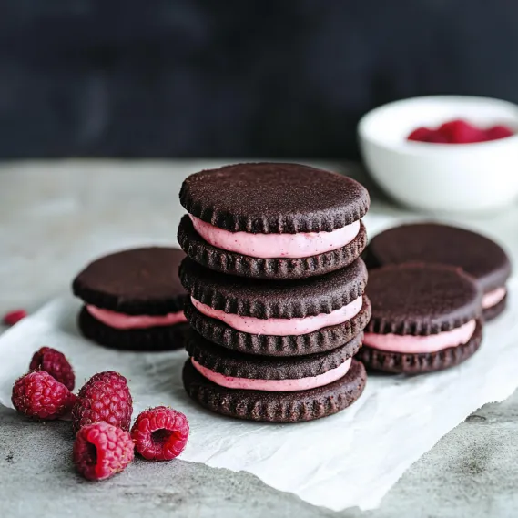 Stacked cookies with chocolate and raspberry filling.