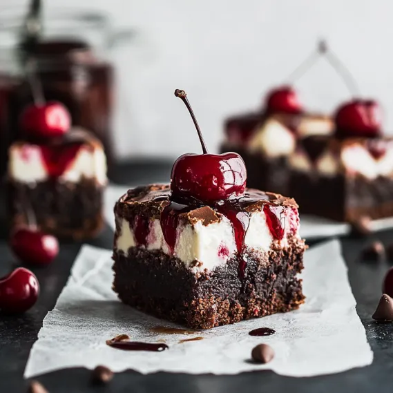 Chocolate brownie topped with cream and cherry.