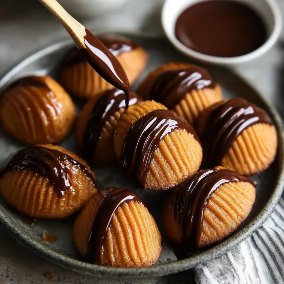 A plate of pastries drizzled with a layer of chocolate.