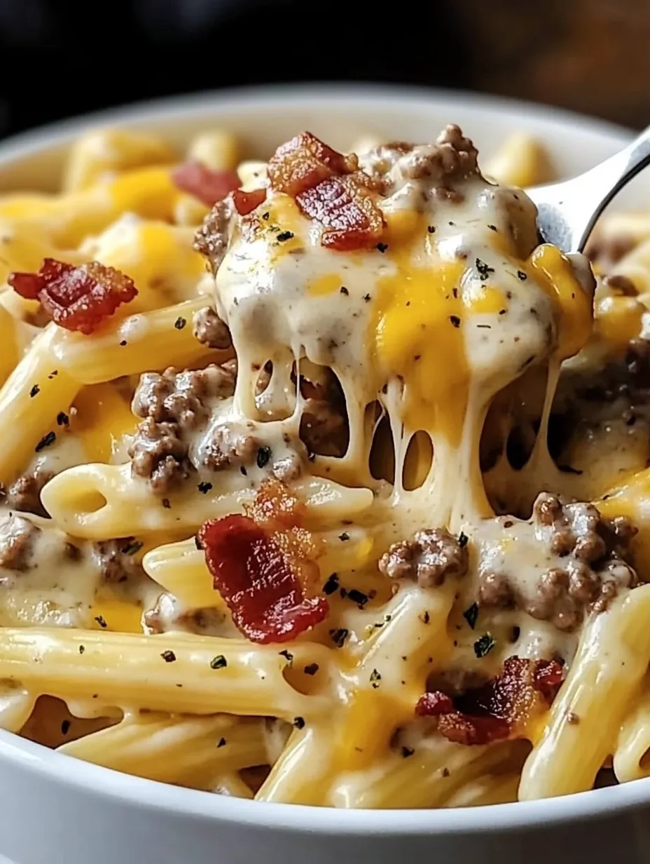 A bowl of pasta with bacon and cheese.