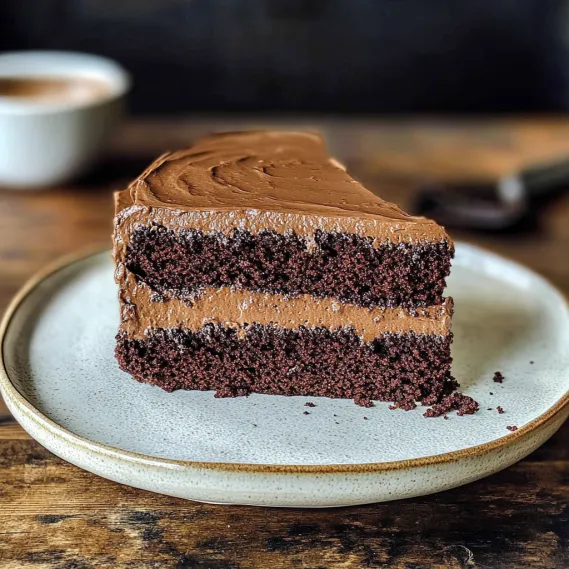 A chocolate cake slice served on a plate.