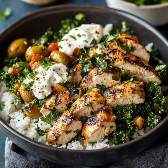 A vibrant bowl filled with rice, chicken, and fresh greens.