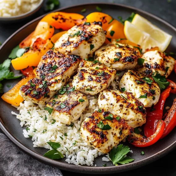 Plate of crispy chicken on rice, with tomatoes and lemon.