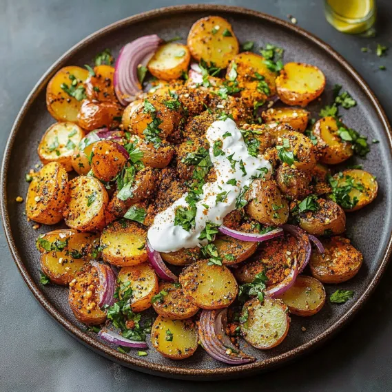 Golden brown potatoes over yoghurt with fresh toppings.