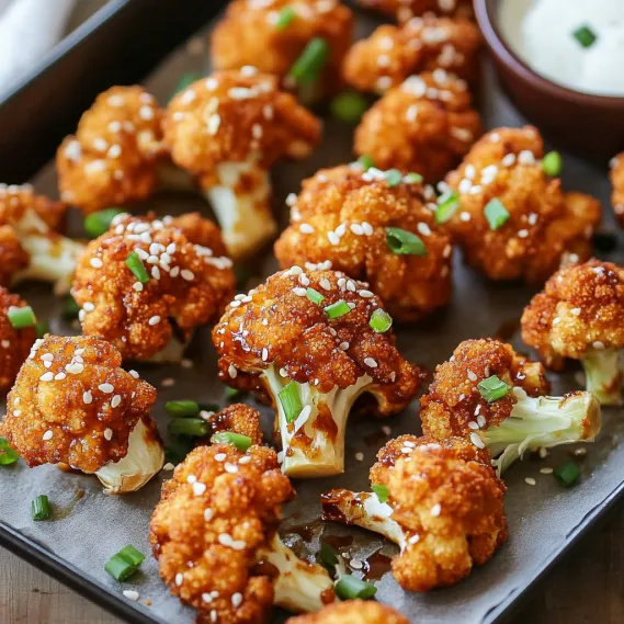 Crispy cauliflower bites served with a bowl of dip.