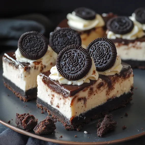A single cheesecake bar topped with Oreos.