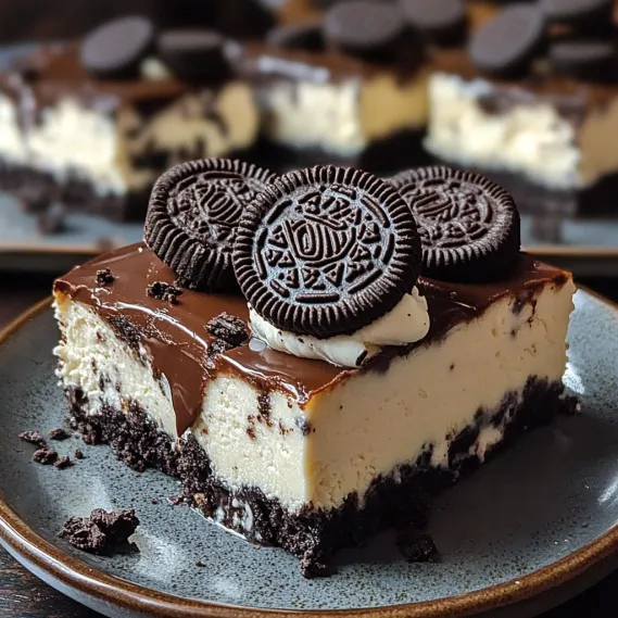 A slice of chocolate cake with two Oreo cookies on top.