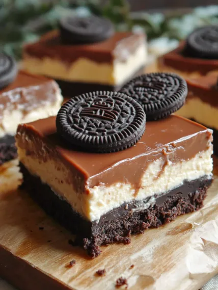 A slice of chocolate cake with two Oreo cookies on top.