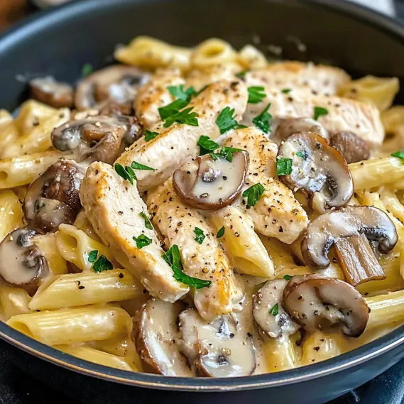 Pasta loaded with chicken and mushrooms.