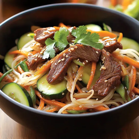 A bowl of vibrant noodles, beef, and fresh veggies.