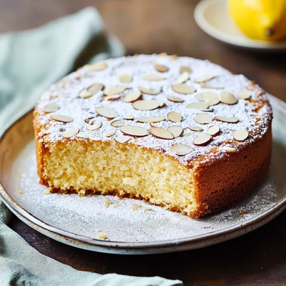 A piece of almond cake topped with sliced almonds.