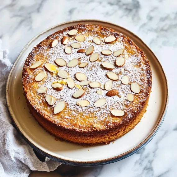 A cake with almonds and powdered sugar on top.