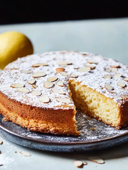 A slice of cake with almonds on top.