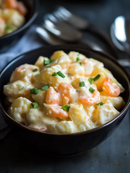 A bowl of shrimp and potatoes.
