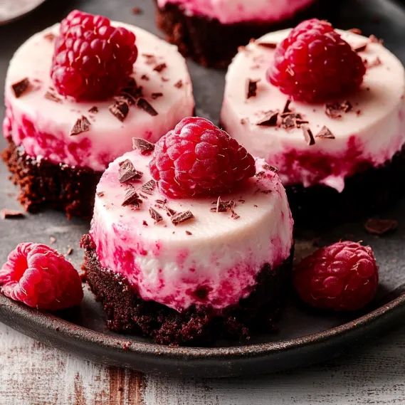 A plate of desserts with raspberries on top.