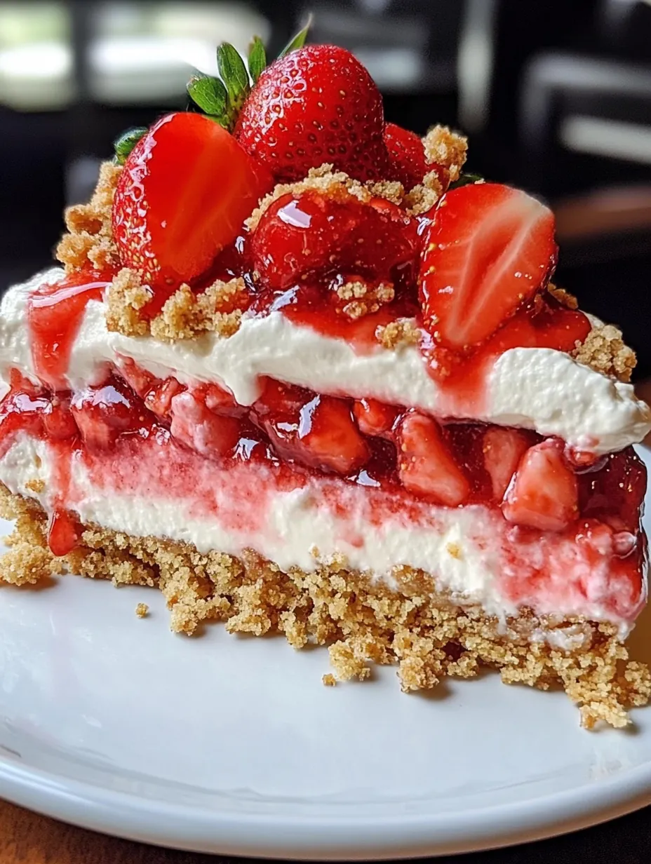 A slice of strawberry cheesecake on a plate.