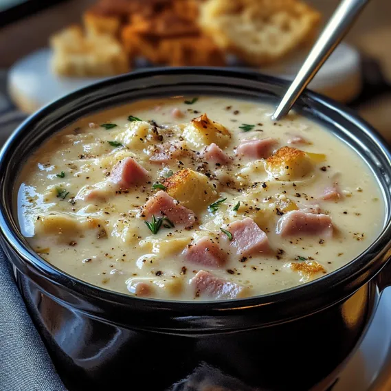 A spoon resting in a bowl of soup.