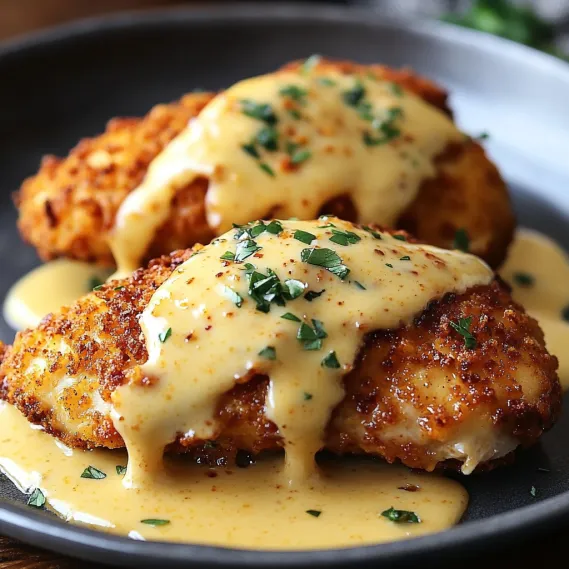 Two pieces of cheesy chicken with sauce.