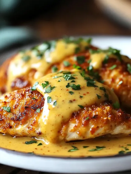 Chicken with sauce on a plate.