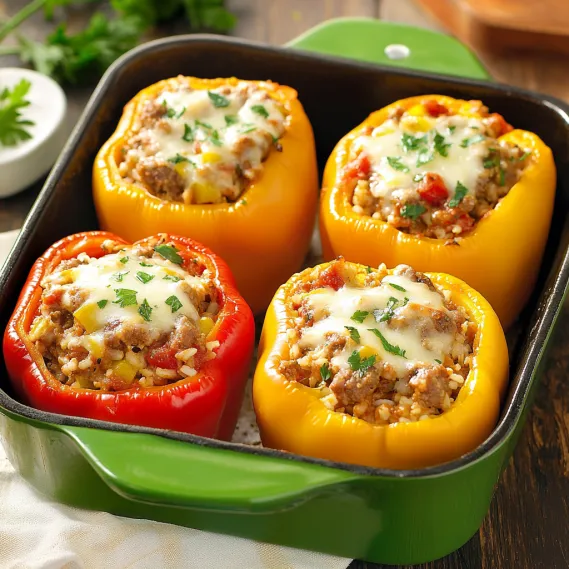 A dish of four stuffed peppers with rice.