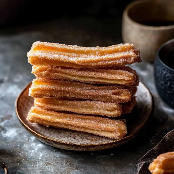 Plate stacked with crispy churros.
