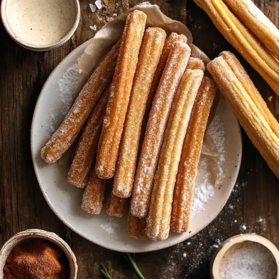 A plate of churros with a bowl of sauce.