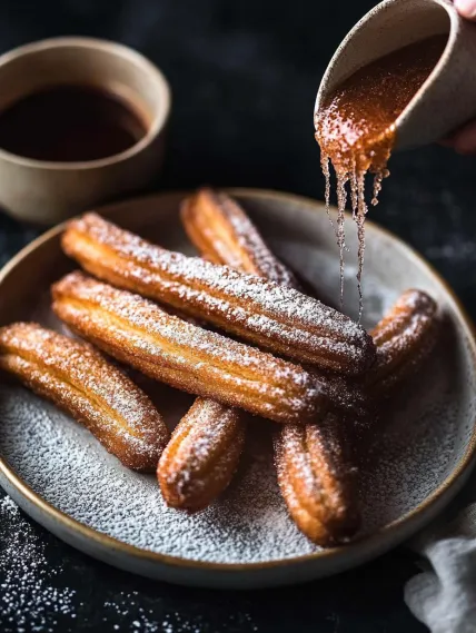 A plate of churros with powdered sugar.