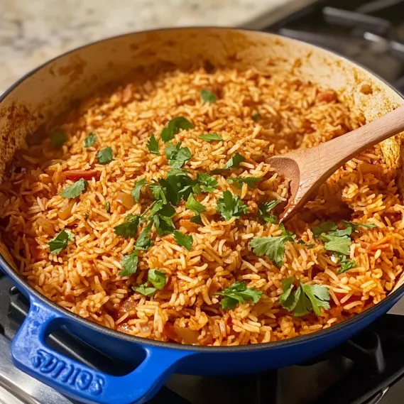A pan of rice being stirred with a wooden spoon.