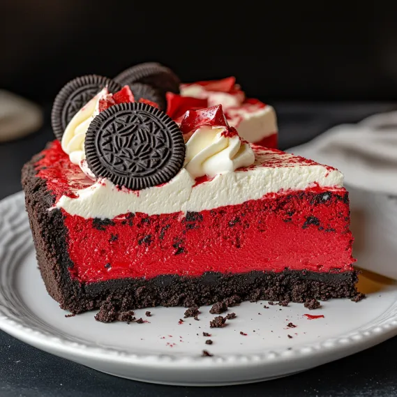 A slice of fluffy red velvet cake with creamy frosting and chocolate chips on top.