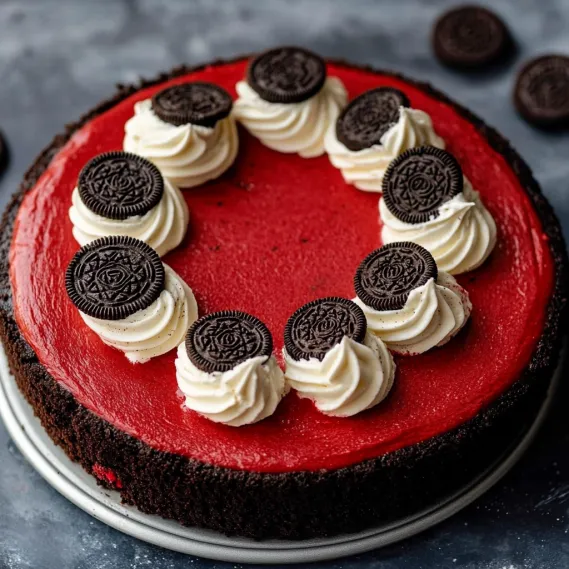 A slice of red velvet cake with white frosting and black and white cookies on top.